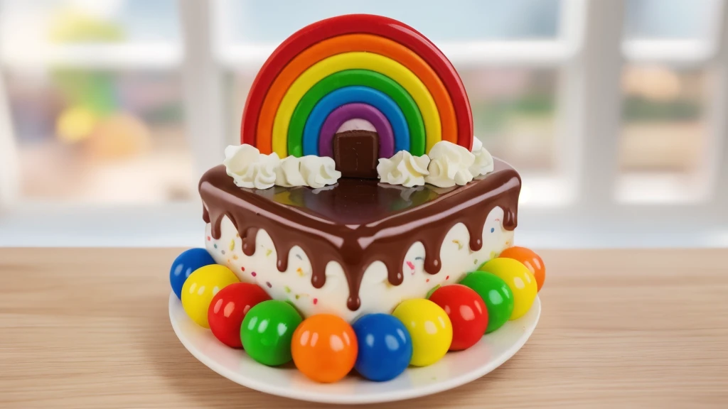 in the kitchen, on a wooden table, on a white porcelain plate, a tiny cake, the walls of the cake are made of multi-colored chocolate bars, on top are multi-colored cream stripes, multi-colored candies in the form of balls, window light, bright lights, soft light, window light, professional lighting, light from the window, neat light, realistic texture, realistic style, detailed texture, high quality, high resolution, high quality rendering, realistic photo, brightning light, macro photo