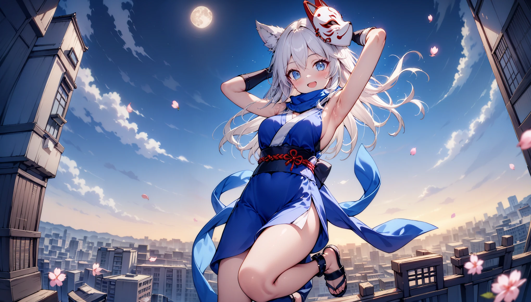 See the townscape while jumping from the sky、jump off、sky diving、Flying in the sky、Fluttering in the wind、Flying in the sky、Jumping from a high-rise building、Exposed armpits and chest、A magnificent view of the city from the treetops、(masterpiece, best quality:1.2), 1girl, 独奏,Wolf girl, fox mask, ninja, girl, long white hair, odd eyes, blue kimono, ninja girl, red and blue scarf,Dancing Cherry Blossoms,Full moon backlighting, light coming in, fantastic atmosphere.night、Shadows of light and darkness、Eyes glowing in the dark、Black fox mask、Fisheye Lens、Expansive starry sky、long hair that spreads、Jumping from the sky