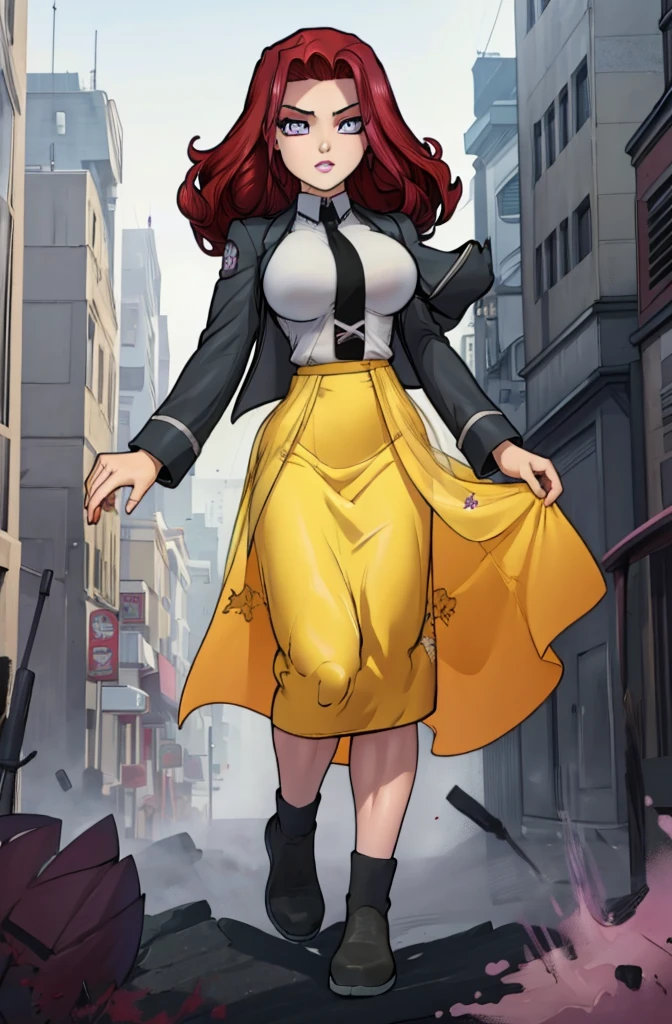 Masterpiece. detailed eyes, rabiestlagomorph, waist-length reddish purple hair, Large breasts, black dress, black shirt, magic_high_school_uniform, Charcoal jacket, black necktie, yellow skirt embroidery 