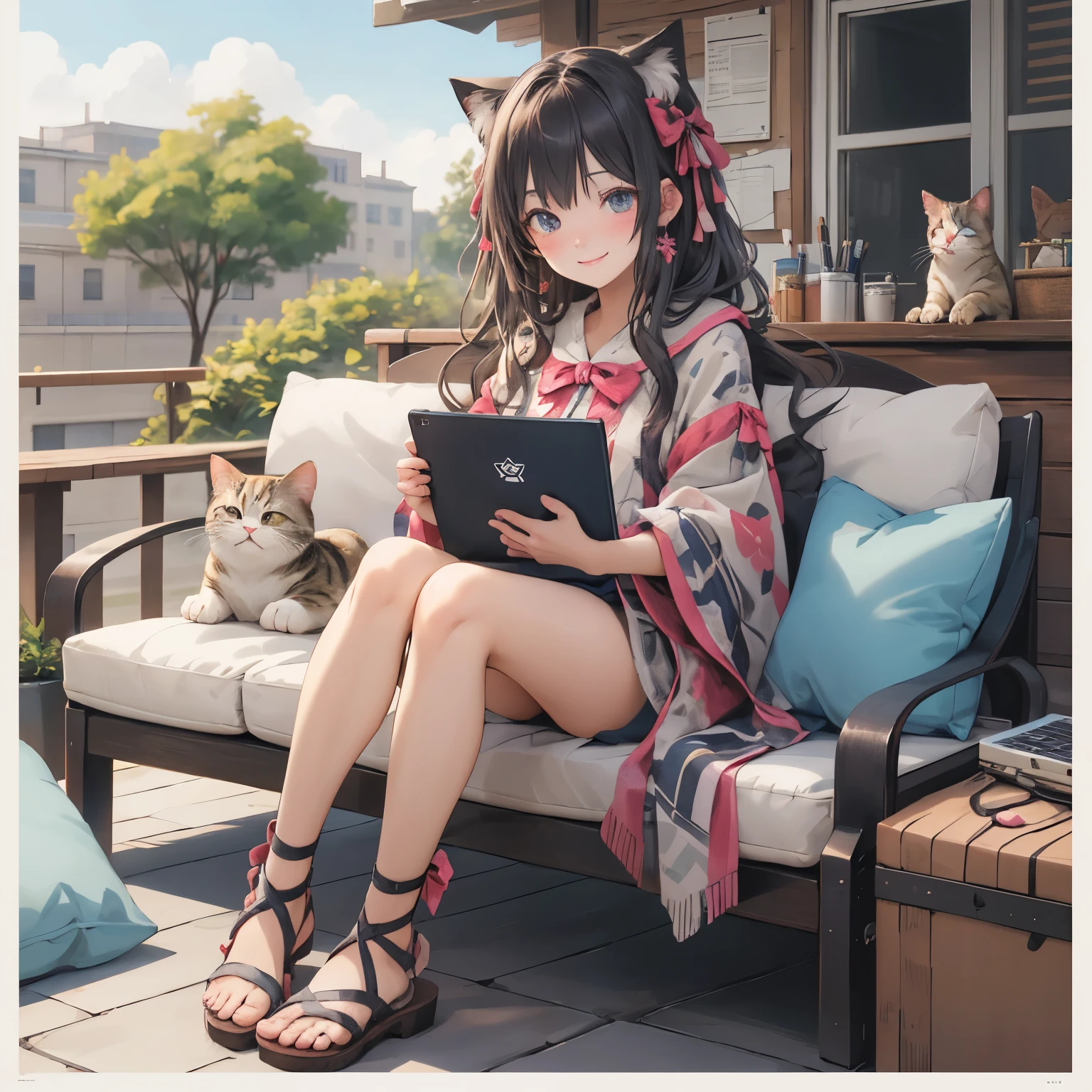 (masterpiece), Highest quality, Ultra-high resolution,Cat with ribbon、Sandals、Hold a computer case、cushion、smile、terrace
