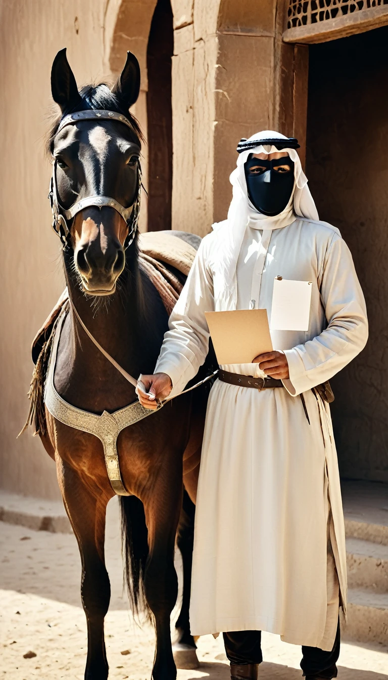 A captivating old photo of a masked Arab warrior standing near a horse with a blank letter in his hand, which he opens and shows to the camera, focusing on it