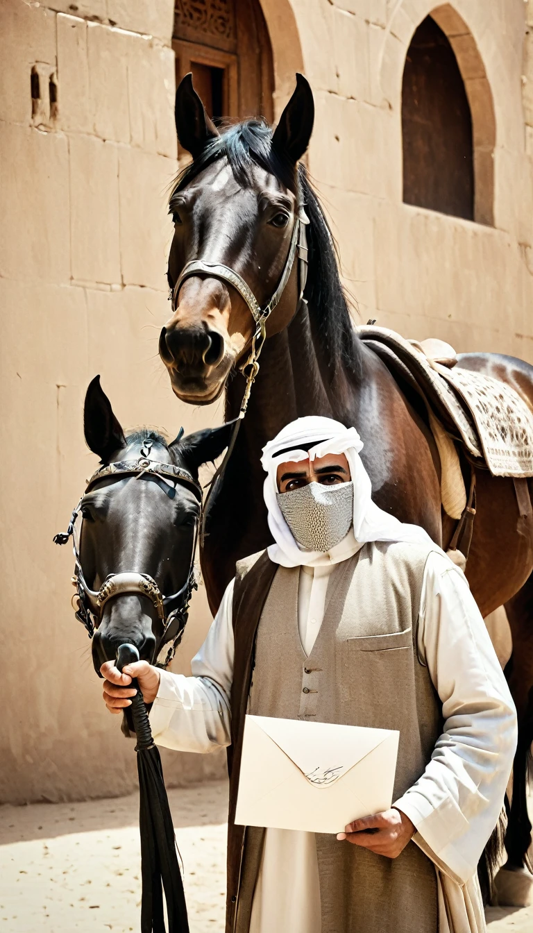 A captivating old photo of a masked Arab warrior standing near a horse with a blank letter in his hand, which he opens and shows to the camera, focusing on it