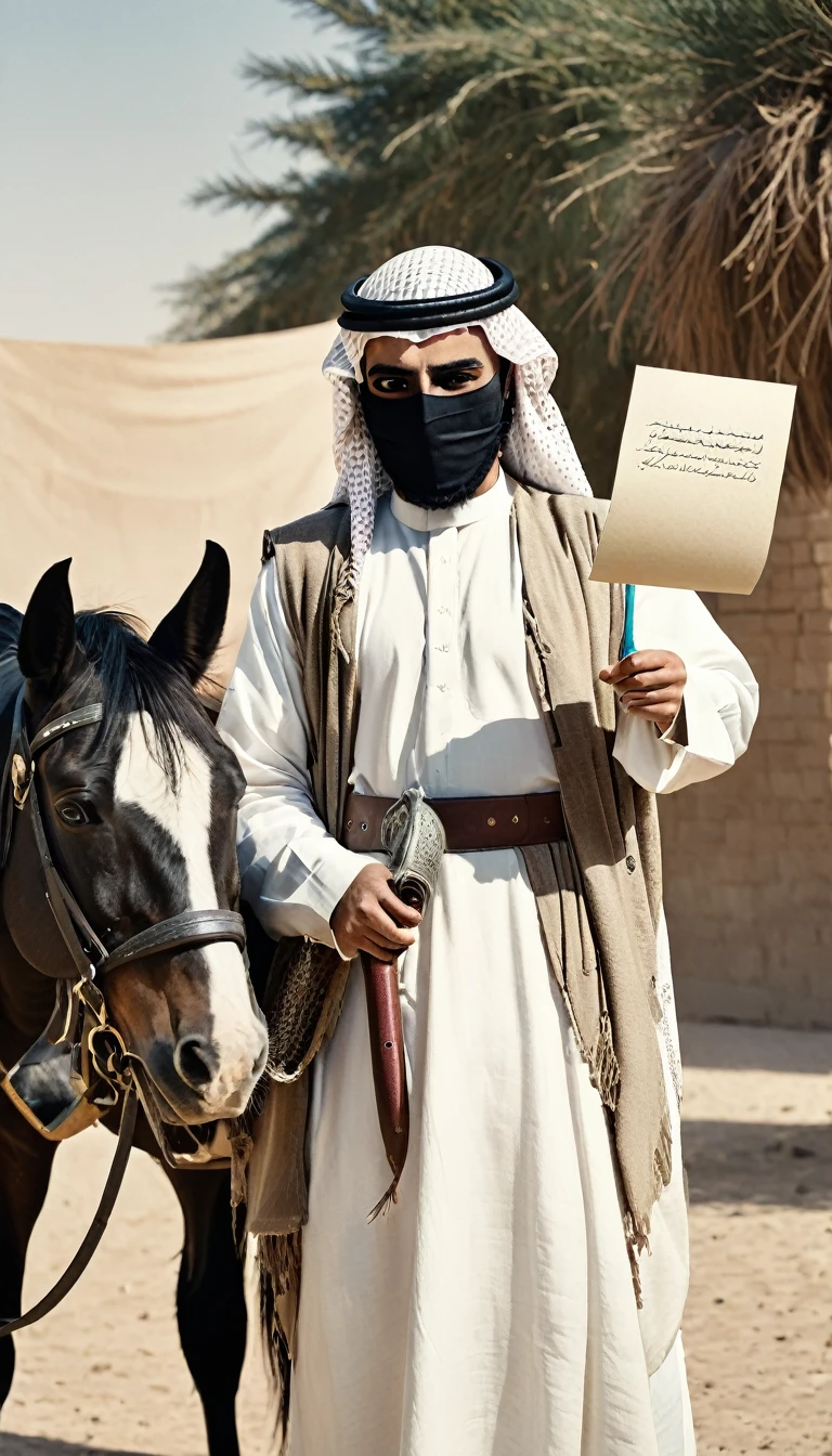 A captivating old photo of a masked Arab warrior standing near a horse with a blank letter in his hand, which he opens and shows to the camera, focusing on it