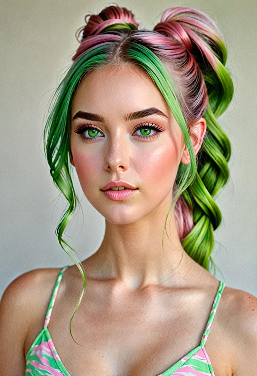 Portrait, photorealistic, realistic, Girl, green eyes, clear skin, soft makeup, long streaked green/pink hair, {loose hair, updo hair, ponytail, braids}, realistic soft skin.