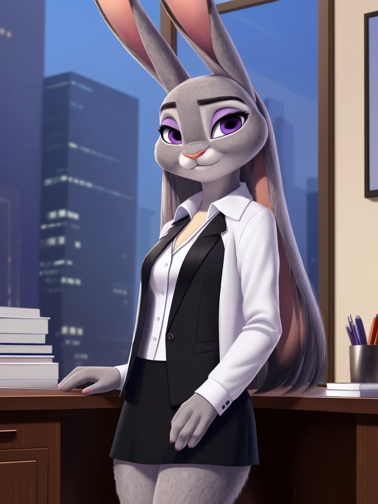 best quality,
masterpiece,
hyper Realistic,
Portrait,
Looking at the audience,
background is an office,
(Face is JudyHopps:1.15),
NamiFinal,
((long straight hair)),
wispy bangs, bangs,
purple eyes,
(arched eyebrows:1.1),
(uplift eyebrows:1.1),
(rabbit ears:1.1),
office lady is wearing suit,
((White blouse)),
((Black blazer jacket)),
((Black skirt)),
clothes made of cotton,
(outfit is made of felt:1.4),
(((body is made of furry))),
(((body is gray with fluffy and fluffy))),
(((skin is felt with fluffy and fluffy))),
human hands,
(solo:1.5),
(1 lady:1.5),
one character only
alone,
Perfect Anatomy