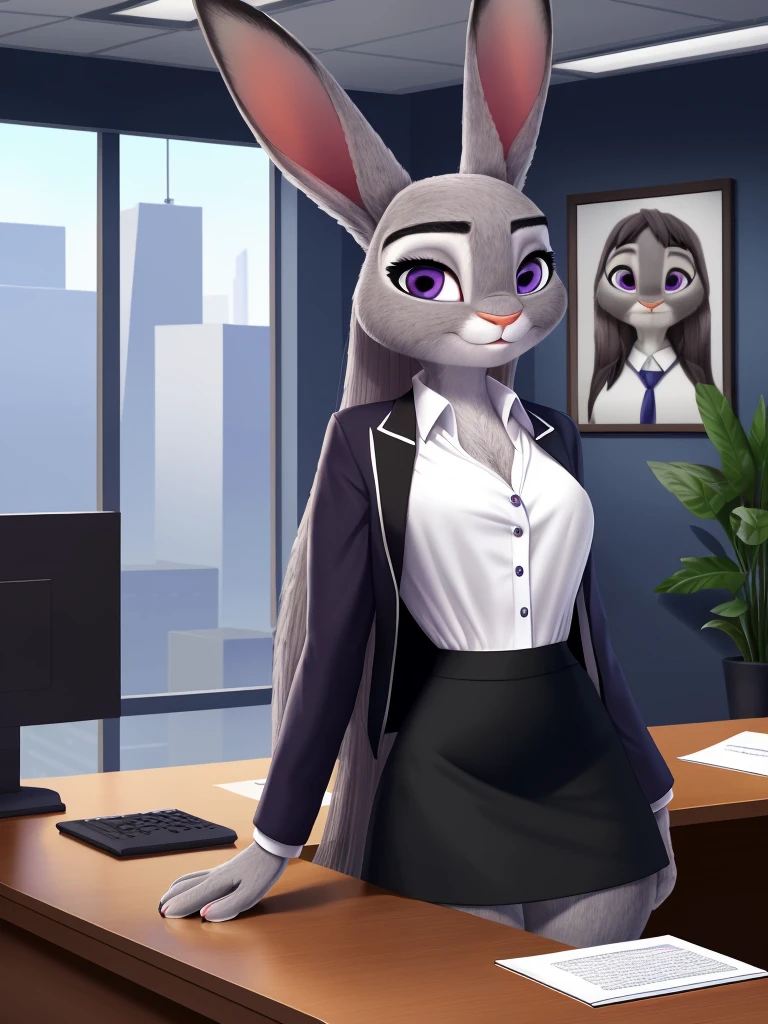 best quality,
masterpiece,
hyper Realistic,
Portrait,
Looking at the audience,
background is an office,

(Face is JudyHopps:1.15),
NamiFinal,
((long straight hair)),
wispy bangs, bangs,
purple eyes,
(arched eyebrows:1.1),
(uplift eyebrows:1.1),
(rabbit ears:1.1),

office lady is wearing suit,
((White blouse)),
((Black blazer jacket)),
((Black skirt)),
clothes made of cotton,

(outfit is made of felt:1.4), 
(((body is made of furry))), 
(((body is gray with fluffy and fluffy))), 
(((skin is felt with fluffy and fluffy))), 
human hands,

(solo:1.5),
(1 lady:1.5),
one character only
alone,
Perfect Anatomy