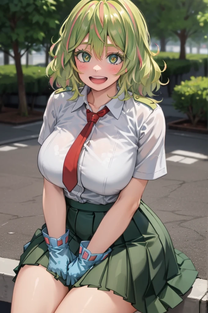 TooruU1, 1girl, solo, looking at viewer, green hair, blush, green eyes, messy hair, medium hair, medium breasts,bangs, hair between eyes, open mouth, smile, gloves, ahoge, blue gloves, multicolored hair, (teeth:1.1), (white teeth:1.1), cowboy shot, , white shirt, necktie, red necktie, skirt, pleated skirt, (:d:1.1), collarbone, collared shirt, green skirt, u.a , short sleeves,  swewat,  sitting, sitting in, girl sitting,  outdoors, day, clouds, buildings, school, trees, bushes, (from above:1.2),
BREAK
masterpiece, best quality, highly detailed background, perfect lightingbest quality ((shiny skin, glossy skin, detailed skin)),
 Middle Button popped opened
 unbuttoned 
Giant breast