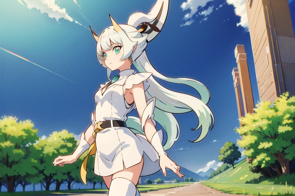 absurd res, (masterpiece, best quality:1.1), arceus, (yousan:1.1), chibi, pokemon \(creature\), no humans, feral, tail, walking, cute, cutesy, from side, looking at viewer, green sclera, red eyes, (detailed eyes:1.2), looking at viewer, detailed background, grass, park, swings, blue sky, clear sky, (4k, hdr:1.3) 