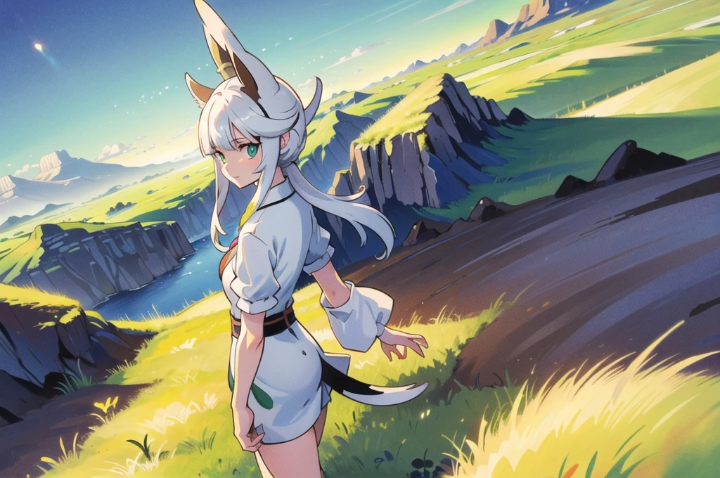 absurd res, (masterpiece, best quality:1.1), arceus, (yousan:1.1), chibi, pokemon \(creature\), no humans, feral, tail, walking, cute, cutesy, from side, looking at viewer, green sclera, red eyes, (detailed eyes:1.2), looking at viewer, detailed background, grass, park, swings, blue sky, clear sky, (4k, hdr:1.3) 