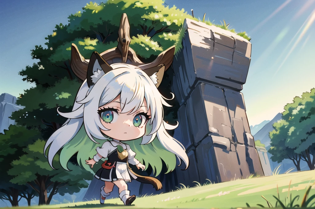absurd res, (masterpiece, best quality:1.1), arceus, (yousan:1.1), chibi, pokemon \(creature\), no humans, feral, tail, walking, cute, cutesy, from side, looking at viewer, green sclera, red eyes, (detailed eyes:1.2), looking at viewer, detailed background, grass, park, swings, blue sky, clear sky, (4k, hdr:1.3)