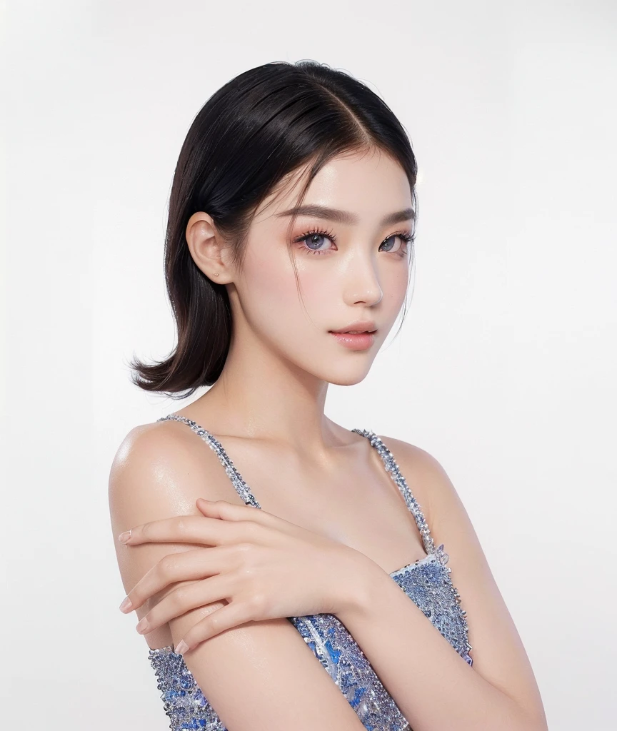 ((Best Quality, 8K, Masterpiece)), Sharp, Sharp, Beauty, Perfect Body Beauty, Slim Abs, ((Layered Hairstyle)), Highly Detailed Face and Skin Texture, Detailed Eyes, Double Eyelids, looking at the camera, pink tone makeup, stunning, gorgeous, slight smile, clear eyes, blink eyes