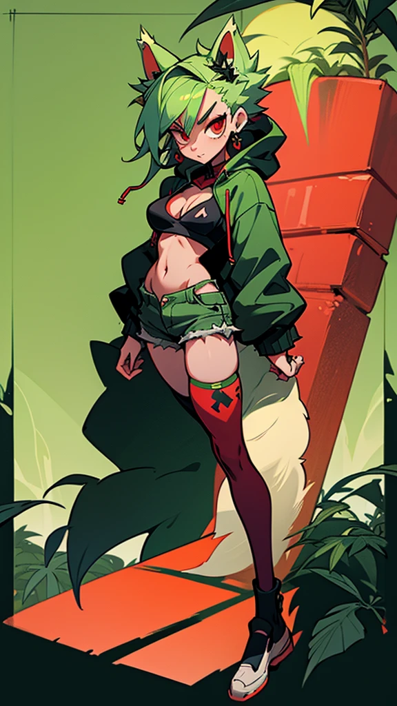   , Croped, , cleavage, slim waist, cropped hoodie underboob, cropped hoodieunderboobhoodie, 1girl, 2 wolf ears, wolf tail, marijuana crop hoodie, crop shorts, marijuana hoodie, spiky hair, spiky fur, green hair, red eyes,marijuana field, tight clothes, perfect eyes, perfect hands, clear resolution, full body, cleavage skin, marijuana plants, open hoodie, marijuana scenery, black thigh high socks, full body, earrings, 1girl, skirt,  cleavage, slim waist, cleavage, slim waist, hair pulled back, 