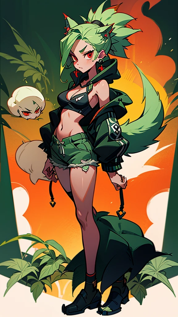 , Croped, , cleavage, slim waist, cropped hoodie underboob, cropped hoodieunderboobhoodie, 1girl, 2 wolf ears, wolf tail, marijuana crop hoodie, crop shorts, marijuana hoodie, spiky hair, spiky fur, green hair, red eyes,marijuana field, tight clothes, perfect eyes, perfect hands, clear resolution, full body, cleavage skin, marijuana plants, open hoodie, marijuana scenery, black thigh high socks, full body, earrings, 1girl, skirt, cleavage, slim waist, cleavage, slim waist, hair pulled back,