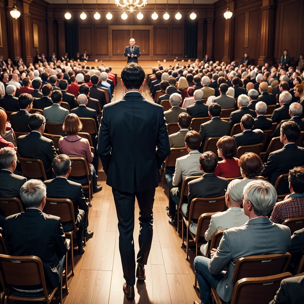 Back photo,  There is only one middle-aged man in the photo with his back to the camera，He wears fashionable and young clothes，in the town hall, speak confidently，There are many audience members in the audience