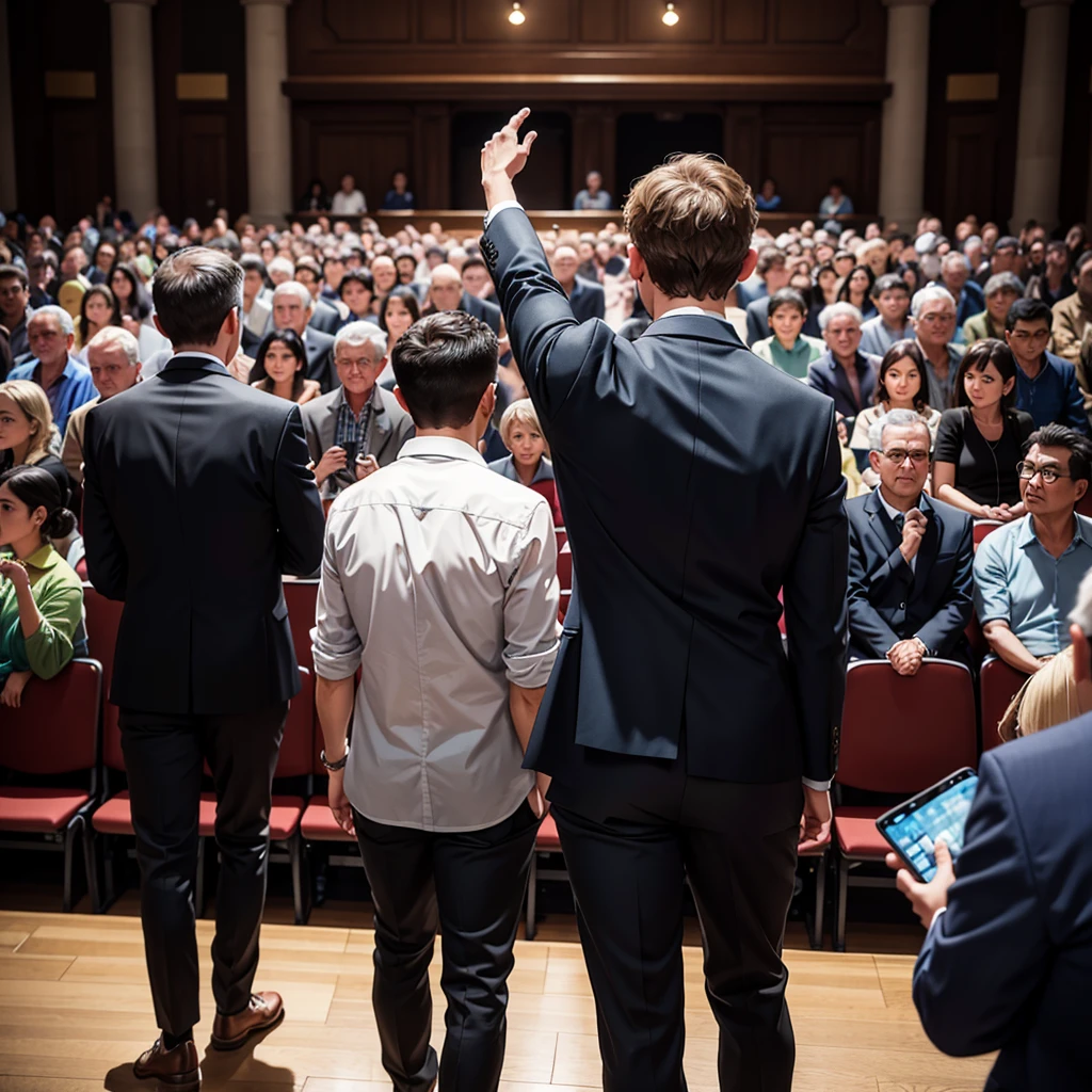 Back photo,  There is only one middle-aged man in the photo with his back to the camera，He wears fashionable and young clothes，in the town hall, speak confidently，There are many audience members in the audience