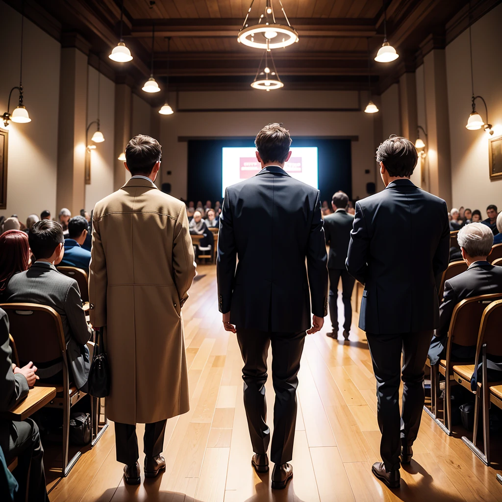 Back photo,  There is only one middle-aged man in the photo with his back to the camera，He wears fashionable and young clothes，in the town hall, speak confidently，There are many audience members in the audience