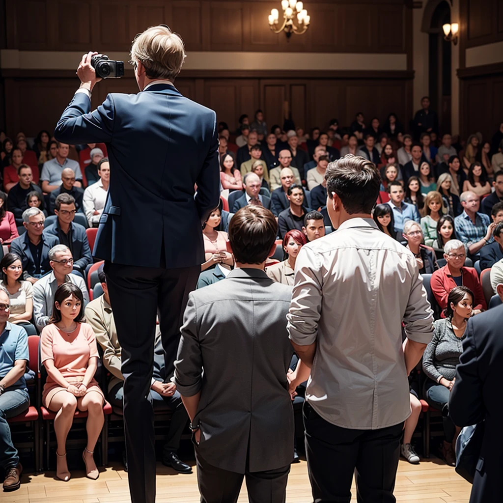 Back photo,  There is only one middle-aged man in the photo with his back to the camera，He wears fashionable and young clothes，in the town hall, speak confidently，There are many audience members in the audience