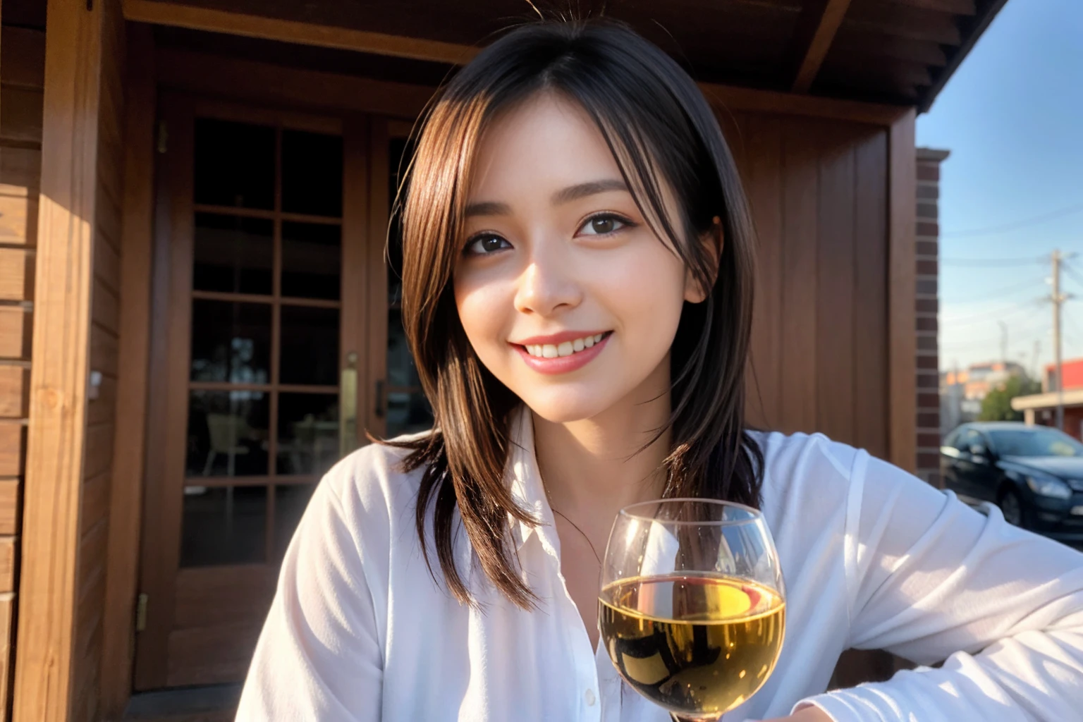 ((Highest quality、8K、masterpiece:1.3))、1 male、1 female、Couple、spouse、石原さとみ似美女Couple、The body is slim、((Bob Hale、Straight hair:1.2)), (Realistic, Intricate details:1.2), テーブルのフルコースディナーとwine glass、Shine light on your face、 Amazing view of the sunset sky and clouds、A bright smile、The wonderfulness of smile、Bright image、The beauty of wine, Beautiful Face, blue eyes, The light shines on your face, Blushing, short hair,Bright Face、 (43 years old), 39 years old, red wine 、Appetizers、Italian food、Wine bottle、Champagne、sparkling wine、Two beauties、Brown Hair、Shortcuts、Long sleeve shirt、dress、Beautiful woman 1, (slimな顔), (The body is slim), (Brown Hair), (Shortcuts), cheeks turn a little red,Attractive beauty、restaurant, In a prominent place (From the waist up) Nova Frog Style, actress, model, Upper Body, White wine, slim, wine glass, 中央に置かれたwine glass, smile, (smile: 1.15), Beautiful fine grain, Depth f/2,saturation, High Contrast, Strong light and shadow,Moist Body:1.5、3D texture、Delicate eyes、Brown Hair、The hair is very shiny、