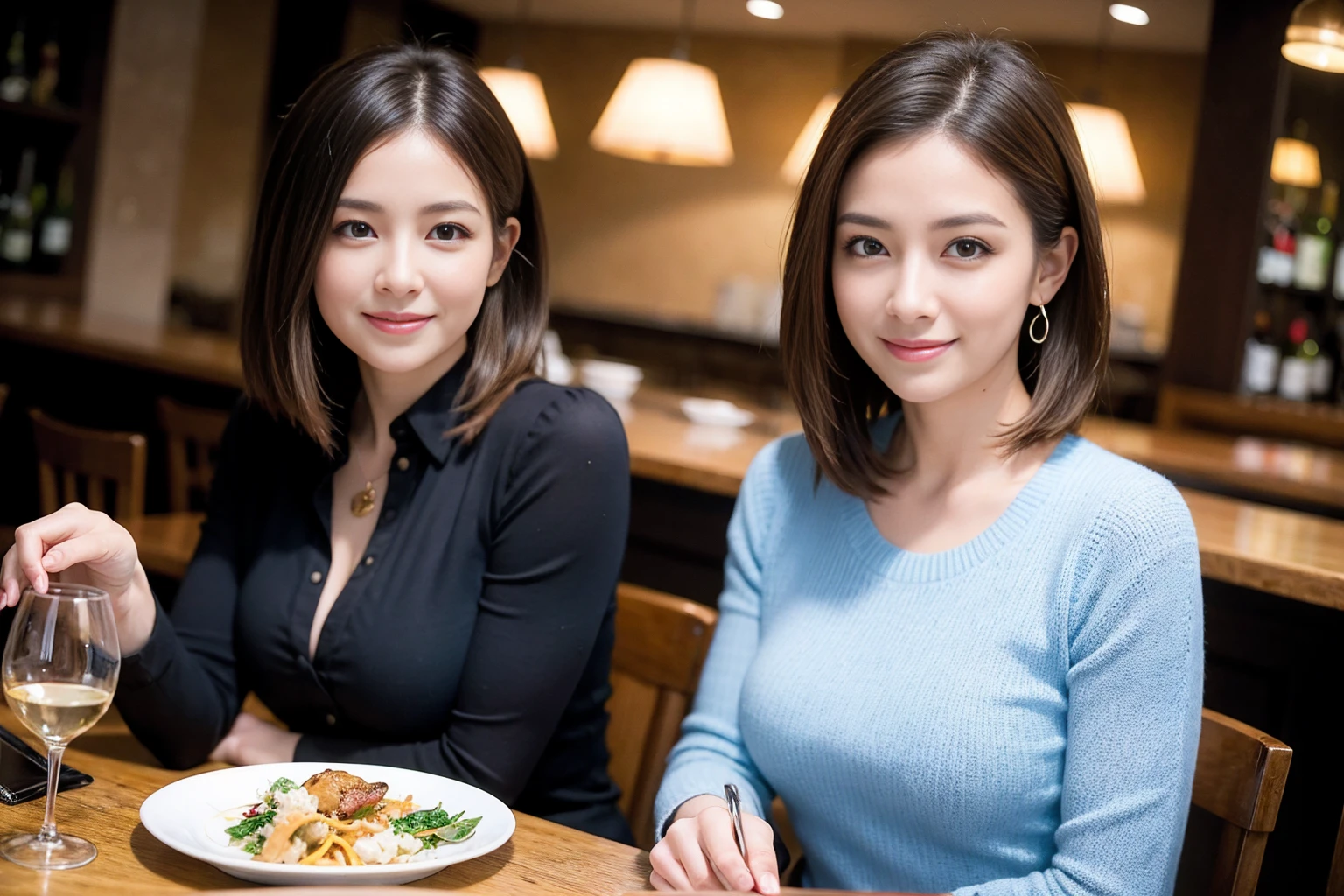 ((Highest quality、8K、masterpiece:1.3))、1 male、1 female、Couple、spouse、石原さとみ似美女Couple、The body is slim、((Bob Hale、Straight hair:1.2)), (Realistic, Intricate details:1.2), テーブルのフルコースディナーとwine glass、Shine light on your face、 Amazing view of the sunset sky and clouds、A bright smile、The wonderfulness of smile、Bright image、The beauty of wine, Beautiful Face, blue eyes, The light shines on your face, Blushing, short hair,Bright Face、 (43 years old), 39 years old, red wine 、Appetizers、Italian food、Wine bottle、Champagne、sparkling wine、Two beauties、Brown Hair、Shortcuts、Long sleeve shirt、dress、Beautiful woman 1, (slimな顔), (The body is slim), (Brown Hair), (Shortcuts), cheeks turn a little red,Attractive beauty、restaurant, In a prominent place (From the waist up) Nova Frog Style, actress, model, Upper Body, White wine, slim, wine glass, 中央に置かれたwine glass, smile, (smile: 1.15), Beautiful fine grain, Depth f/2,saturation, High Contrast, Strong light and shadow,Moist Body:1.5、3D texture、Delicate eyes、Brown Hair、The hair is very shiny、