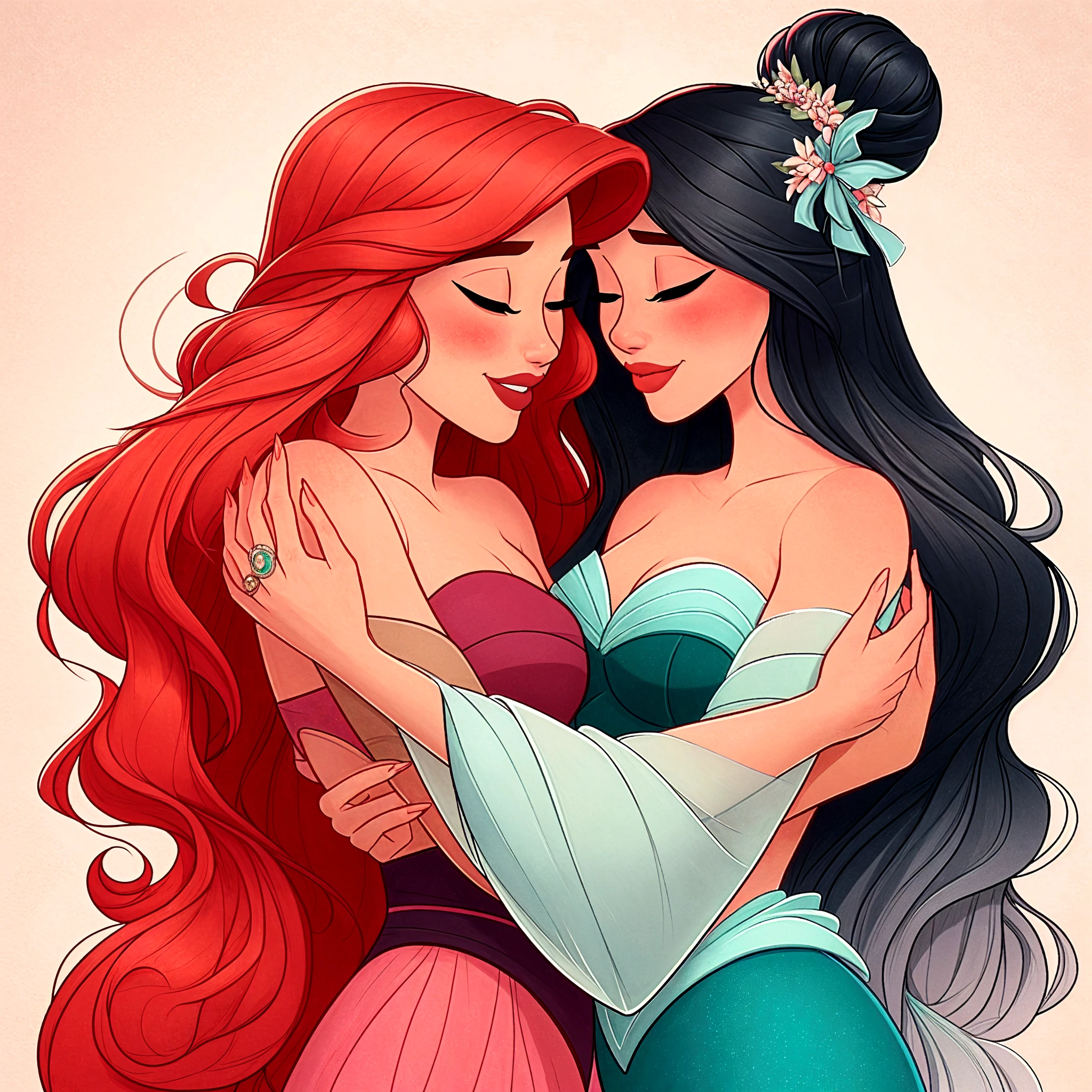 Score_9, score_8_up, score_7_up, rating_safe, source_comic, detailed soft lighting, 2girls, BREAK, Elsa from Frozen, (blonde hair, braid, ice blue dress:1.3), BREAK, Ariel from Little Mermaid, (red hair, long wavy hair, green dress:1.5), BREAK yuri, girlfriends, kissing, horny, smile, beautiful eyes, open eyes, (masterpiece, best quality, highly detailed, beautiful), SFW.
