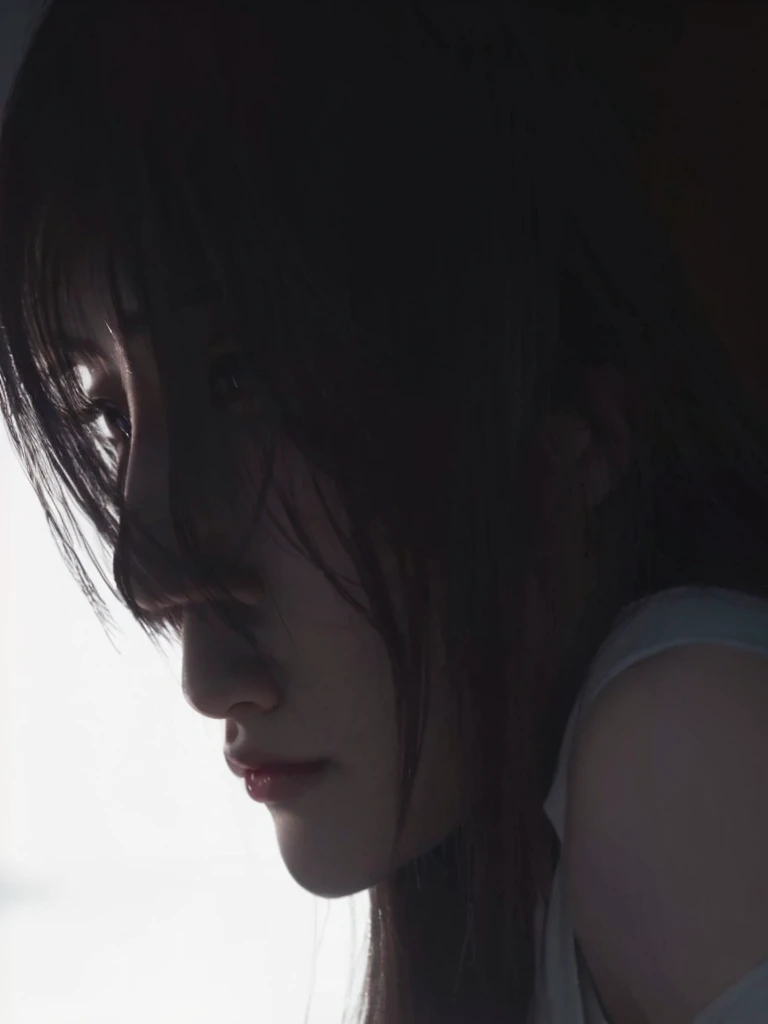 Close-up of a woman with long hair looking at her phone, inspired by Ayami Kojima, metal gear solid v quiet, deayami which, Square Enix Cinematic Art, Akihiko Yoshida. Unreal Engine, cinematic backlight, A soft light from the side, her face is in the shadows, Teaser trailer video, which, side profile artwork