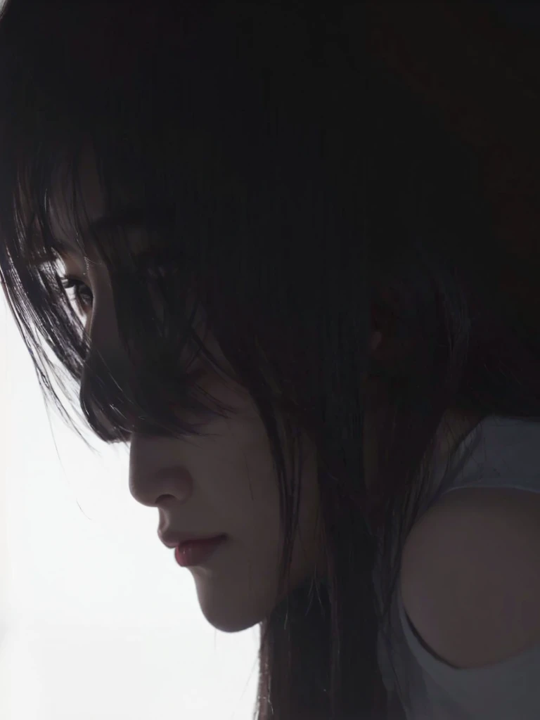 Close-up of a woman with long hair looking at her phone, inspired by Ayami Kojima, metal gear solid v quiet, deayami which, Square Enix Cinematic Art, Akihiko Yoshida. Unreal Engine, cinematic backlight, A soft light from the side, her face is in the shadows, Teaser trailer video, which, side profile artwork