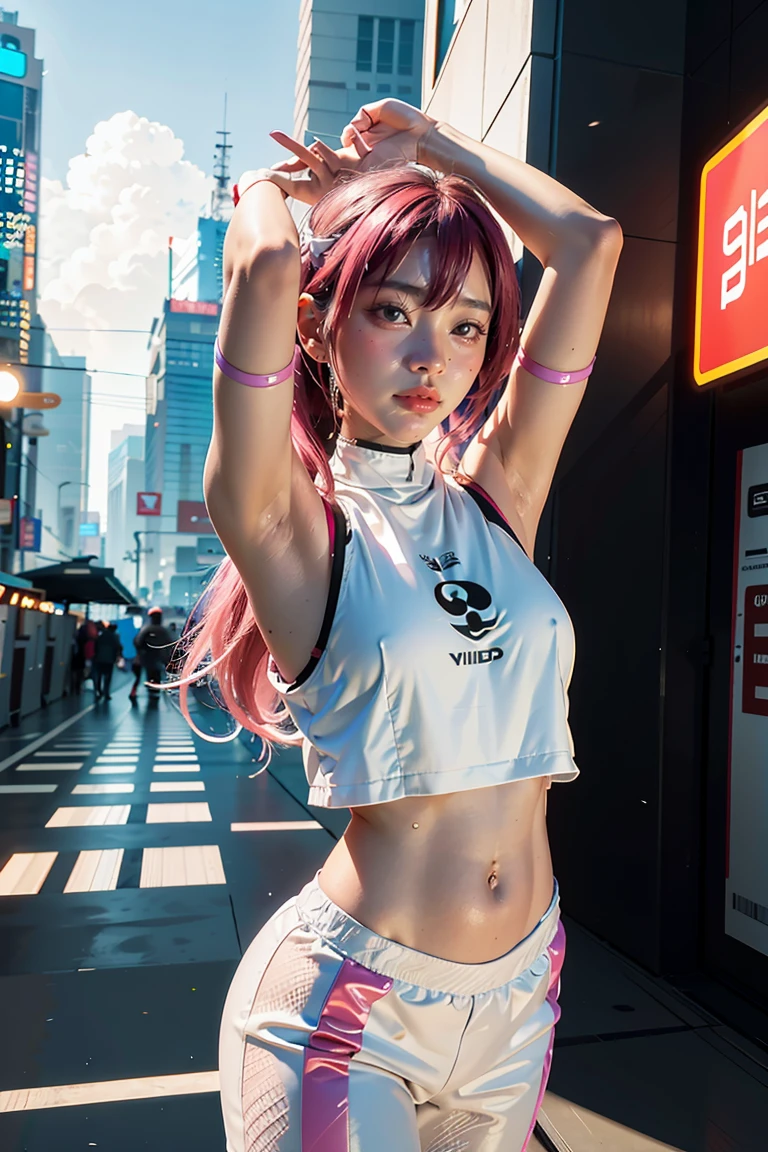 1 girl in, solamente, (NSFW), Cute 18-year-old red-haired girl with two tails, ((cuerpo femenino perfecto)) multiple (cabello color arco iris: 1.2), (Hermosos ojos azules detallados: 1.6), (Ojos fotorrealistas: 1.6), feliz, Ucraniano, (Small body), ((small hips)), white pale skin, (desnudez), (dedo del pie de camello), pantimedias aceitosas brillantes, Maillot de una pieza, Fondo de ciudad futurista, Gloomy colorful lighting, cielo muy oscuro, Foto realista, dynamic lighting.