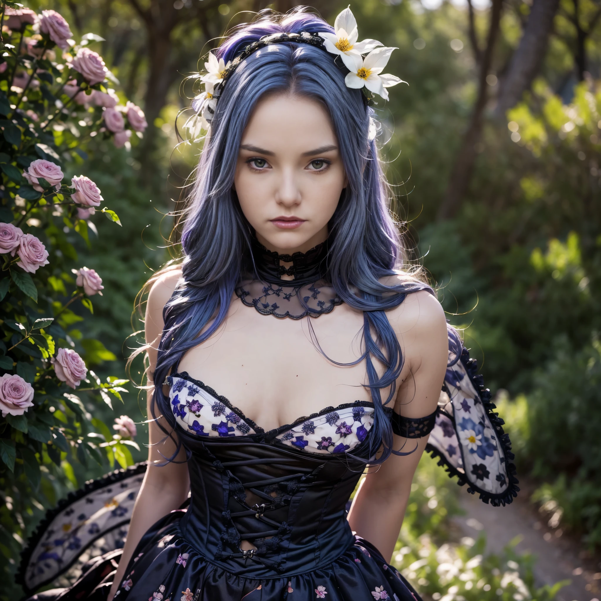 sexy Swedish model who controls poison、beautiful smile、lipgloss、long lashes、eyeliner、gothic makeup、defined eyebrows、look at the camera、full body Esbian、、sparkling poisoned enchanted flower costume、、、、shiny sparkling colorful short hair、secrete poison、skull hair accessories、detailed tights、shiny sparkling dark magic forest background