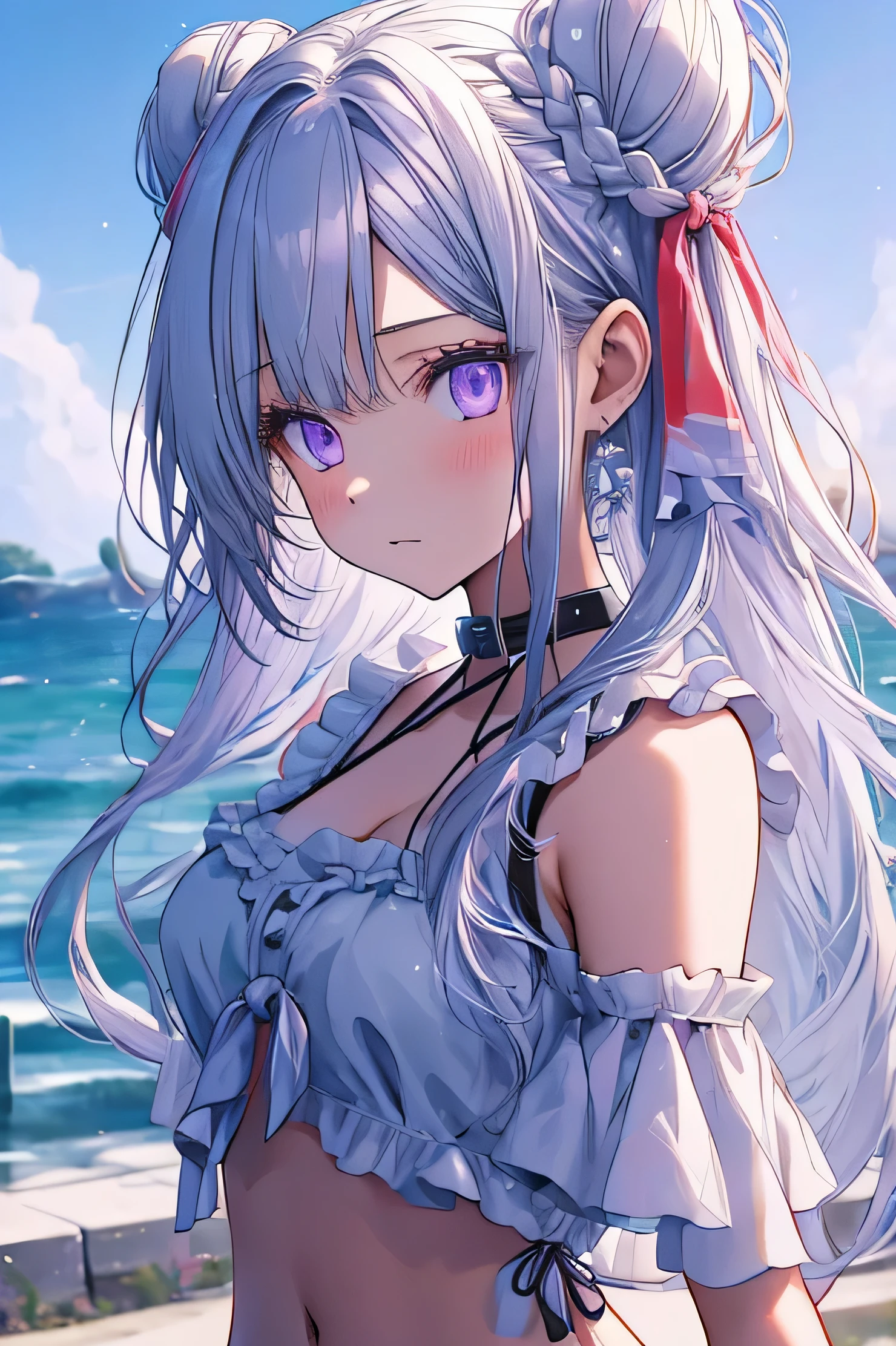 1girl, solo, long hair, breasts, looking at viewer, bangs, large breasts, ribbon, navel, cleavage, bare shoulders, standing, purple eyes, swimsuit, hair ribbon, white hair, Bikini, thighs, outdoors, frills, sky, choker, day, cloud, water, stomach, hair bun, bare arms, underboob, ocean, white Bikini, single hair bun, front-tie top, frilled Bikini, front-tie Bikini top, single side bun masterpiece、Anime Coloring、Ultra fine、8K