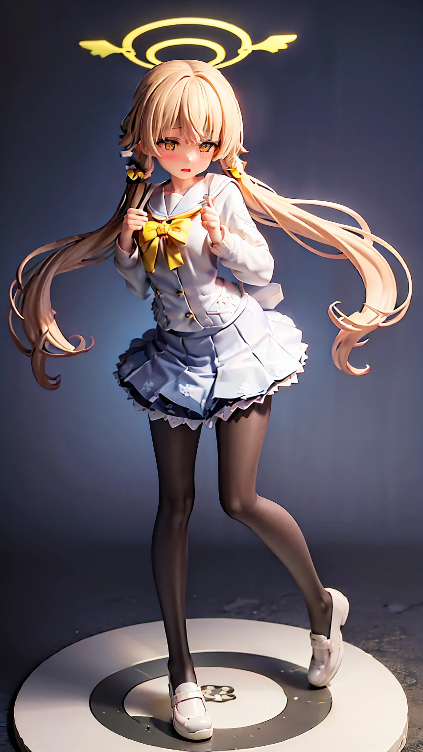 ((masterpiece,best quality)), (illustration), 1loli, solo, hifumi (blue archive), halo, black pantyhose, long hair, school uniform, yellow eyes, low twintails, sailor collar, pleated blue skirt, white cardigan, long sleeves, light brown hair, blush, frilled skirt, Standing like a figurine, front