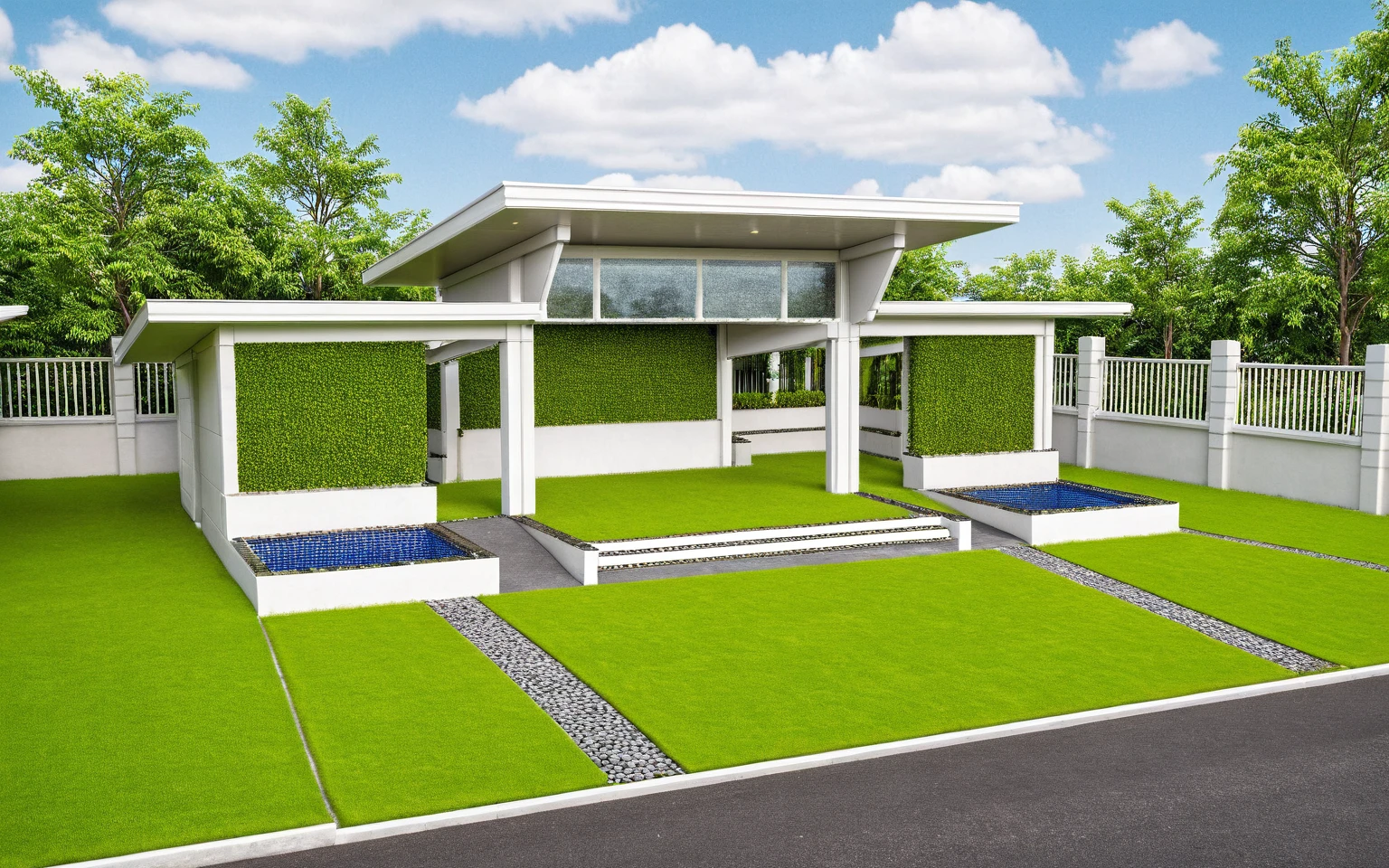 Masterpiece, high quality, best quality, authentic, super detail, outdoors, huts style modern, white wall, glass windows, gate road,pavement, grass, trees,blue sky, cloud, (day:1.1), realistic lighting