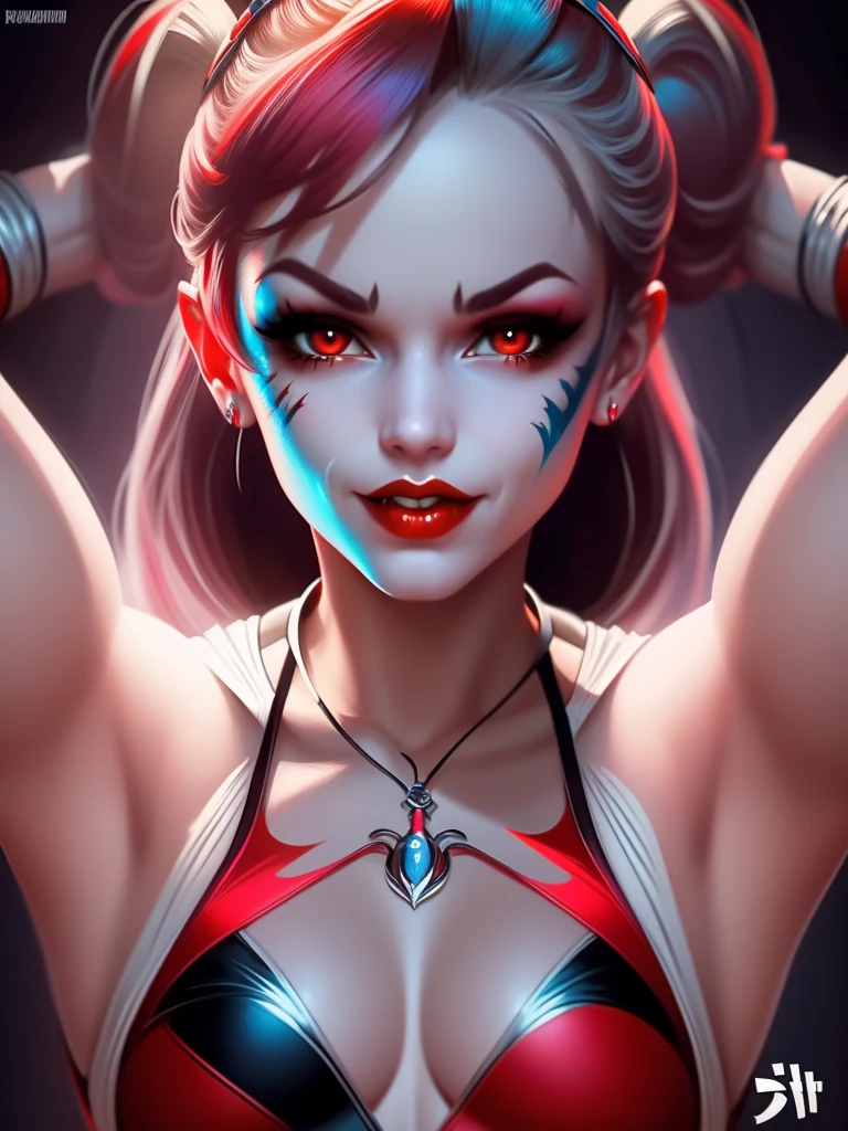 A dynamic and visually striking illustration of Harley Quinn, drawn in the style of Artgerm. This piece pays homage to the classic pin-up art of Earle Bergey, while still maintaining the edgy and playful nature of the beloved comic book character.