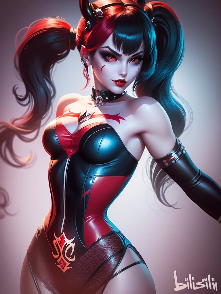 A dynamic and visually striking illustration of Harley Quinn, drawn in the style of Artgerm. This piece pays homage to the classic pin-up art of Earle Bergey, while still maintaining the edgy and playful nature of the beloved comic book character.