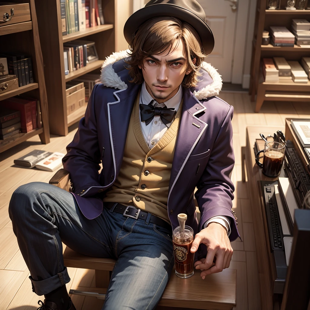 Create a picture of a gangster that looks like Willie Wonka in comics,who holds cannabis and hashish in his hand..