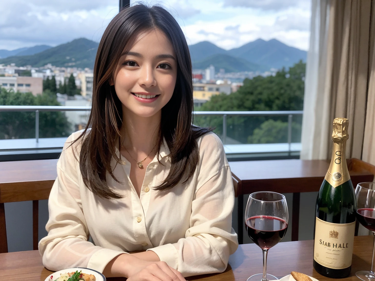 ((Highest quality、8K、masterpiece:1.3))、1 male、1 woman who resembles Satomi Ishihara、Couple、spouse、Couple、The body is slim、((Bob Hale、Straight hair:1.2)), (Realistic, Intricate details:1.2), テーブルの上のwine glass、Shine light on your face、 Amazing view of the sunset sky and clouds、Amazing mountain views、A bright smile、The wonderfulness of smile、Bright image、The beauty of wine, Beautiful Face, blue eyes, The light shines on your face, Blushing, short hair,Bright Face、 (42 years old), 39 years old, red wine 、Appetizers、Italian food、Wine bottle、Champagne、sparkling wine、Two beauties、Brown Hair、Shortcuts、Long sleeve shirt、dress、Beautiful woman 1, (slimな顔), (The body is slim), (Brown Hair), (Shortcuts), cheeks turn a little red,Attractive beauty、restaurant, In a prominent place (From the waist up) Nova Frog Style, actress, model, Upper Body, White wine, slim, wine glass, 中央に置かれたwine glass, smile, (smile: 1.15), Beautiful fine grain, Depth f/2,saturation, High Contrast, Strong light and shadow,Moist Body:1.5、3D texture、Delicate eyes、Brown Hair、The hair is very shiny、