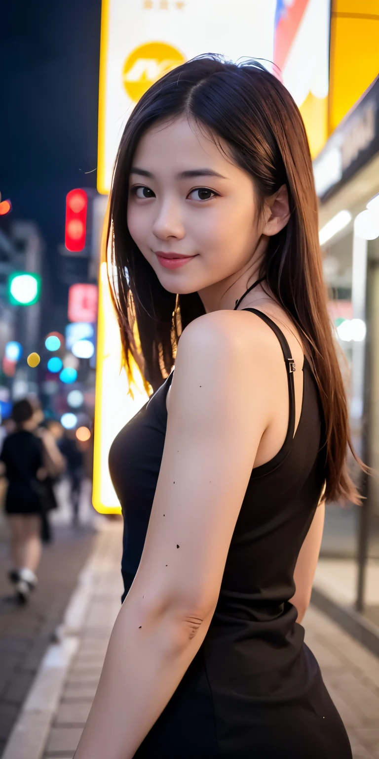 1 Girl, Tokyo Street,night, Streetscape,City lights,Upper Body,close,smile,, (8K, Raw photo, highest quality, masterpiece:1.2),(Realistic, photo-Realistic:1.37),