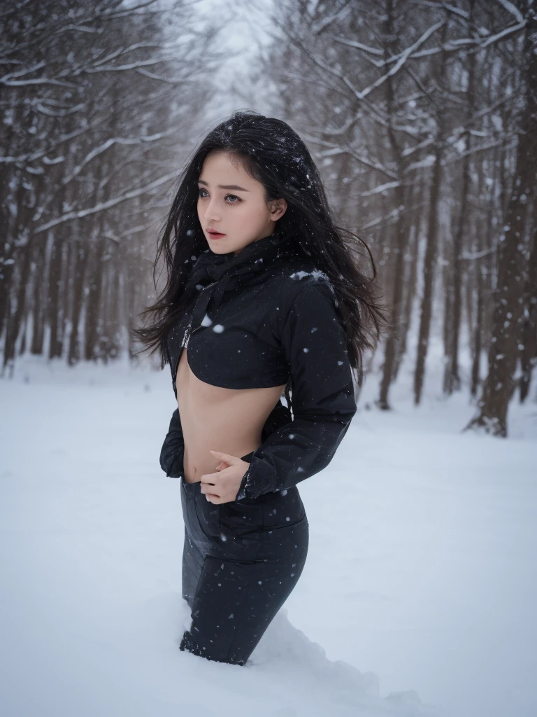 midbody photo of A dark queen in the snow, perfect hands, perfect body, perfect hair, hair behind ear, UHD, retina, masterpiece, accurate, anatomically correct, textured skin, super detail, high details, high quality, award winning, best quality, highres, 16k, 8k,