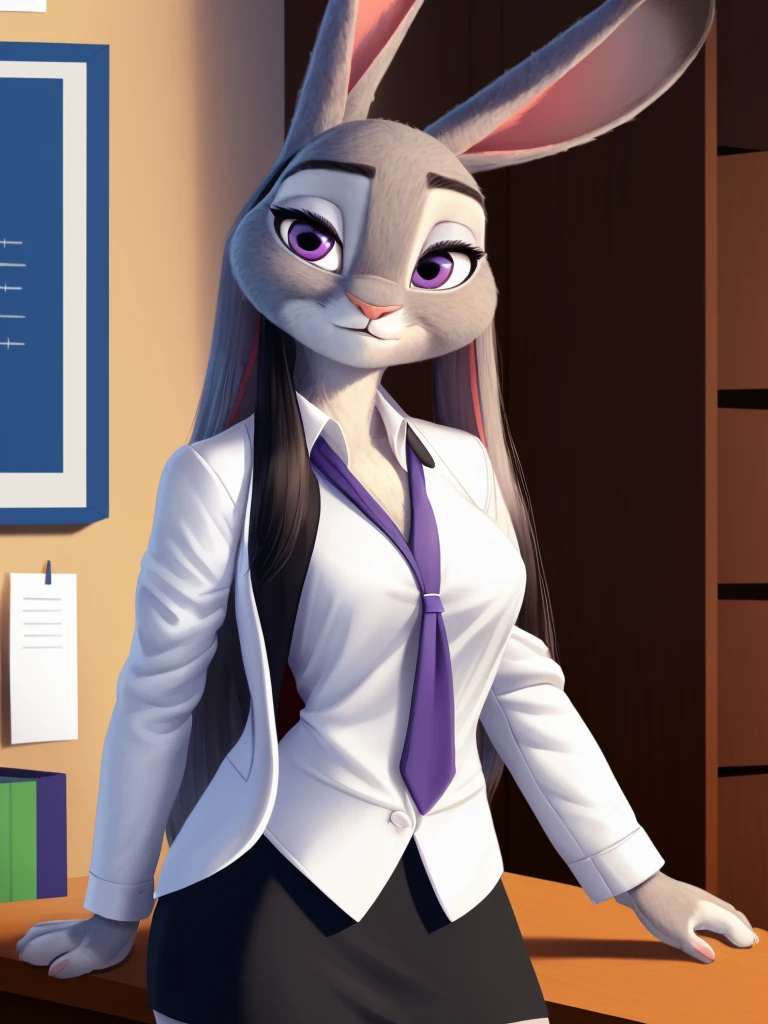 best quality,
masterpiece,
hyper Realistic,
Portrait,
Looking at the audience,
background is an office,
(Face is JudyHopps:1.15),
NamiFinal,
((long straight hair)),
wispy bangs, bangs,
purple eyes,
(arched eyebrows:1.1),
(uplift eyebrows:1.1),
(rabbit ears:1.1),
office lady is wearing suit,
((White blouse)),
((Black blazer jacket)),
((Black skirt)),
clothes made of cotton,
(outfit is made of felt:1.4),
(((body is made of furry))),
(((fluffy and fluffy))),
human hands,
(solo:1.5),
(1 lady:1.5),
one character only
alone,
Perfect Anatomy