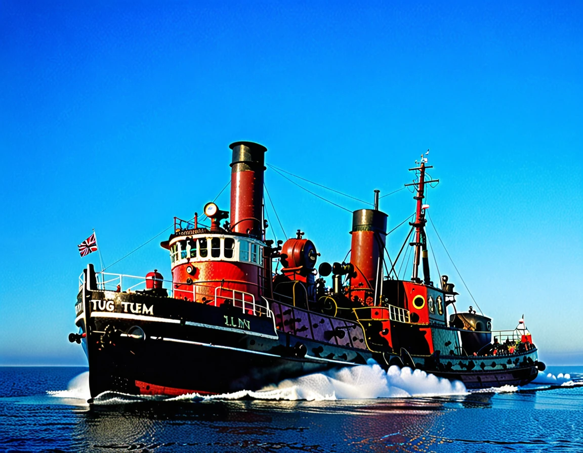 Old steam tug. working hard. Open sea. clear blue sky