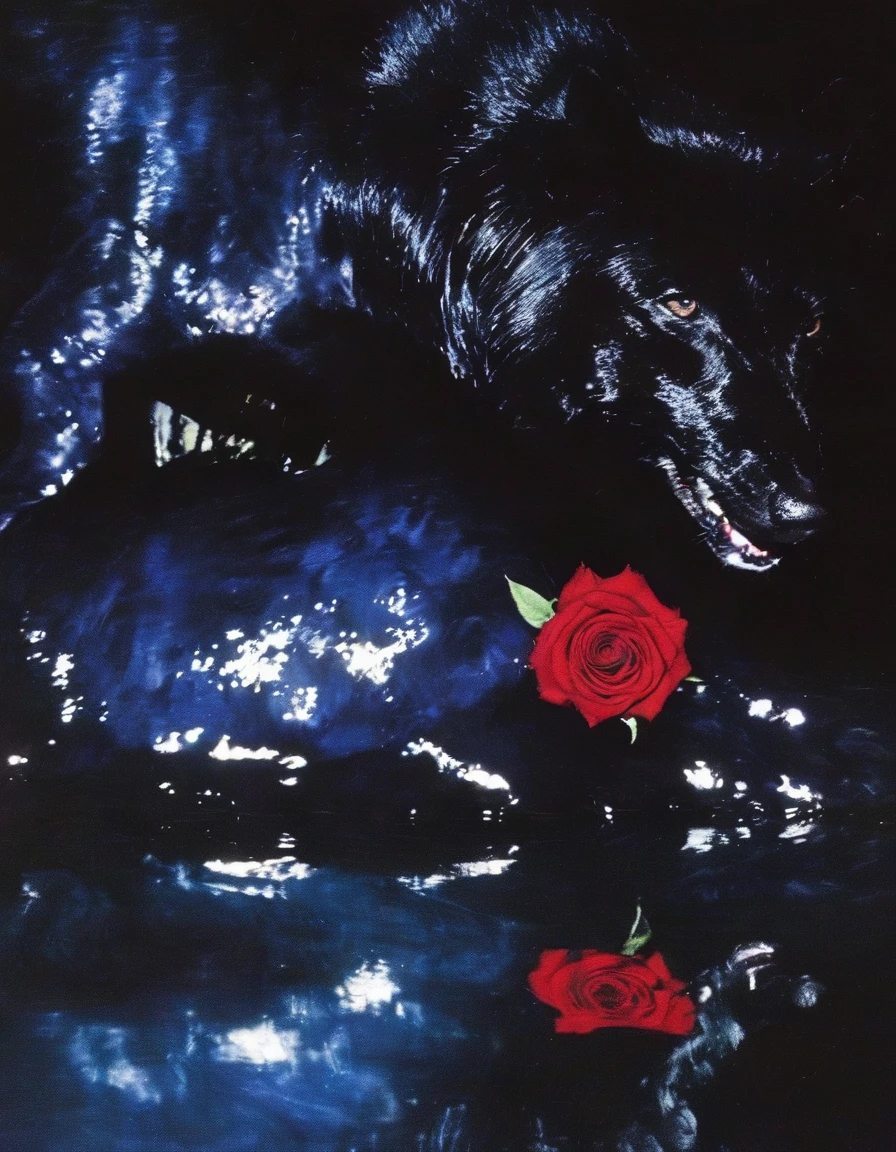 film photography, vintage, close up photo of red rose in black water, blue dark forest night background