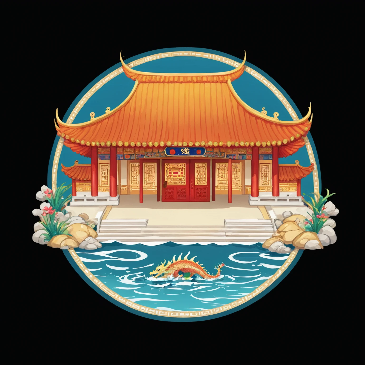 ((front doorway)), (see the eaves), (((elevation angle))), eaves, (((sea dragon palace))), (((cute version))), (cute scale)), cartoon material, palace, Chinese court, traditional architecture.
