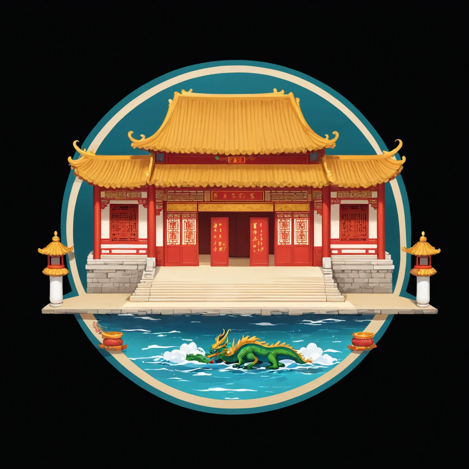 ((front doorway)), (see the eaves), (((elevation angle))), eaves, (((sea dragon palace))), (((cute version))), (cute scale)), cartoon material, palace, Chinese court, traditional architecture.