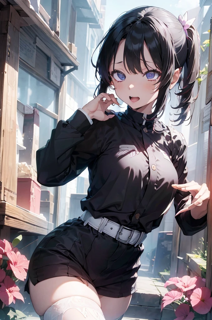master piece,nsfw,ahegao,Ultra-realistic 8kCG，tmasterpiece，（（hyper detailed background，delicate patterns，intricate-detail）），best qualtiy，extremely detailed man，extremely detailed eye and face，extremely detailed eye，kochou shinobu，O cabelo multicolorido，No bangs，Hair intake，Black eye，Cap，Black shirt，Black panties，（The bikini），butterflys，Strip Strip，（Trepical Garden：1.2），purple flower，Mostly cloudy sky，rays of sunshine，Tyndall effect，gradient_Heaven，faceeautiful sky，Saber on the waist，enchanting posture，（large full breasts:1.3)，（cleaveage:1.3)，（Off-the-shoulder costumes:1.5),ssmile, Appearance from behind, butt sticks out