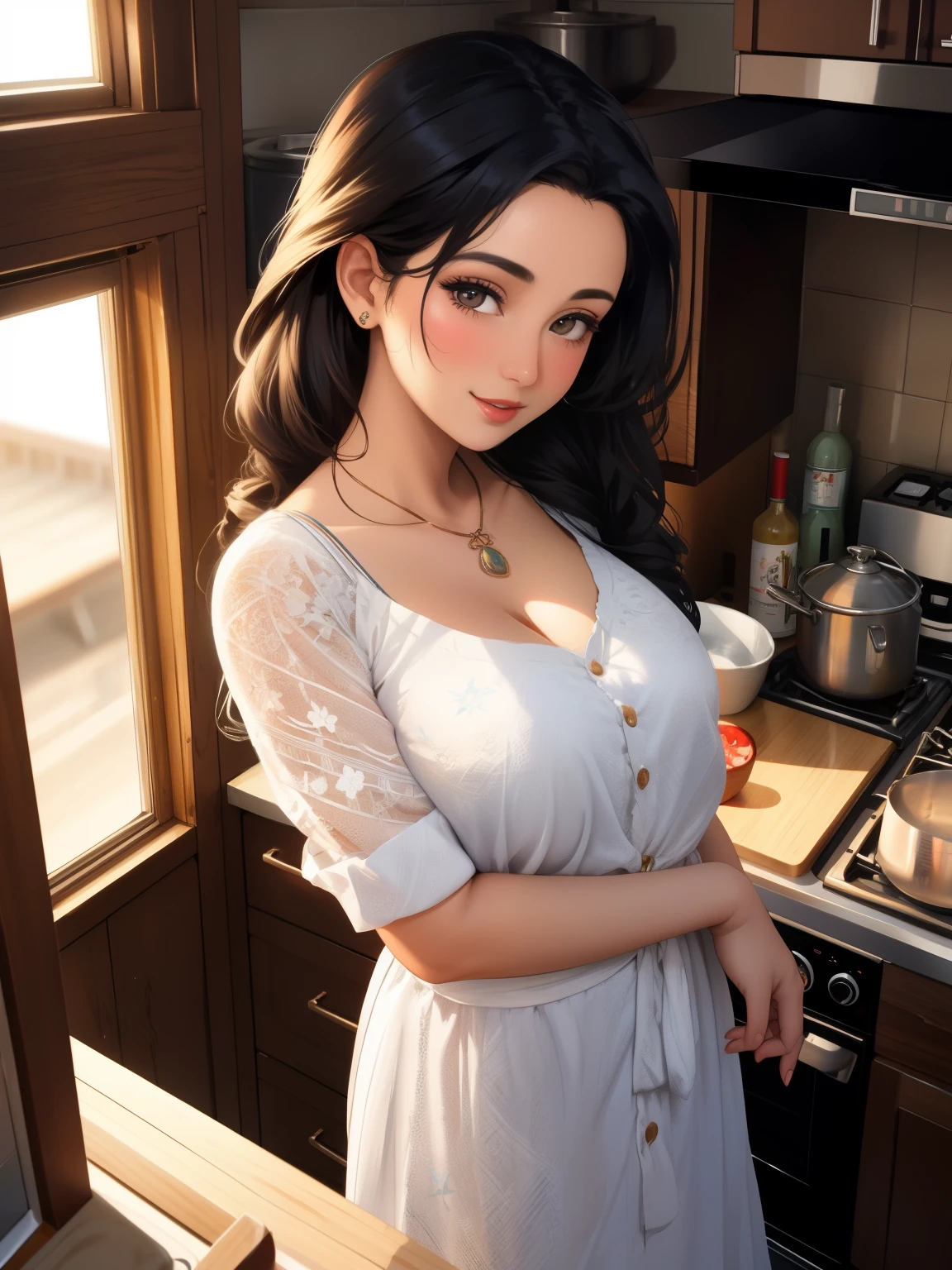Afghan model girl, (32 years old), in the cabin, kitchen, busty, pleased expression, (from above view), (masterpiece, best quality, highly detailed, hyper realistic) 