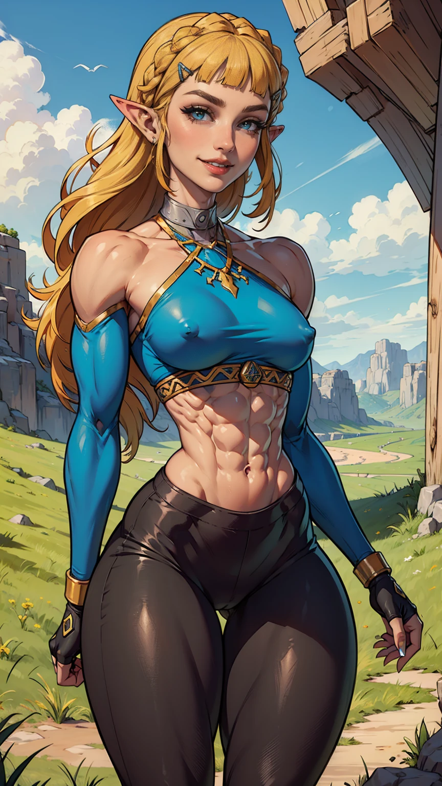 (Muscular:1.6), (thick thighs:1.7),
princess_zelda_aiwaifu, pointy ears, braid, hair ornament, hairclip, fingerless gloves, blue shirt, (halter top), crown braid, long sleeves, (blunt bangs:1.5), green eyes, sidelocks, thick eyebrows, (black pants, tight pants:1.3), (big smile:1.3), (long blonde hair:1.2),
hard nipples, (small perky breasts:1.5),
eyeshadow, lipstick, (midriff, abs), 
looking at viewer, (three quarter view), upper body view,
rim lighting, detailed skin, detailed eyes, grassy field