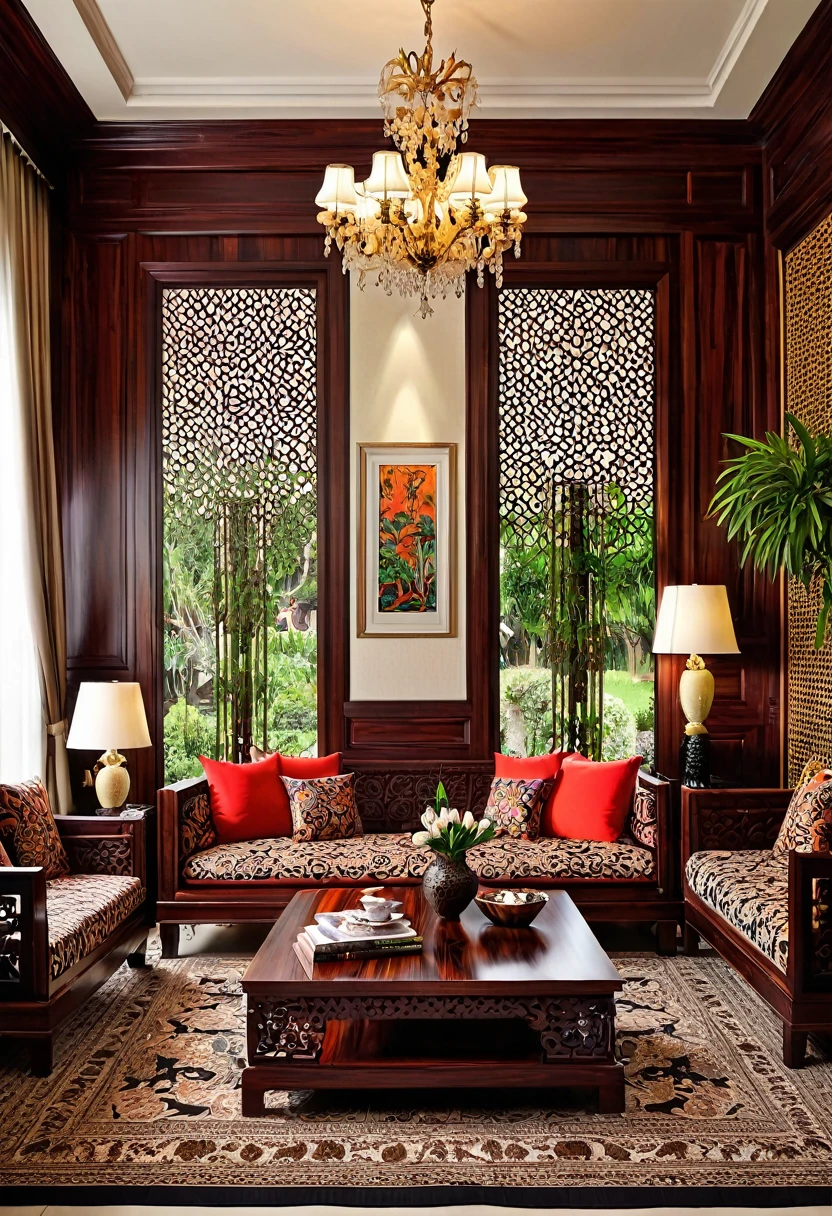 A beautiful living room made of rosewood decor design, intricate patterns,