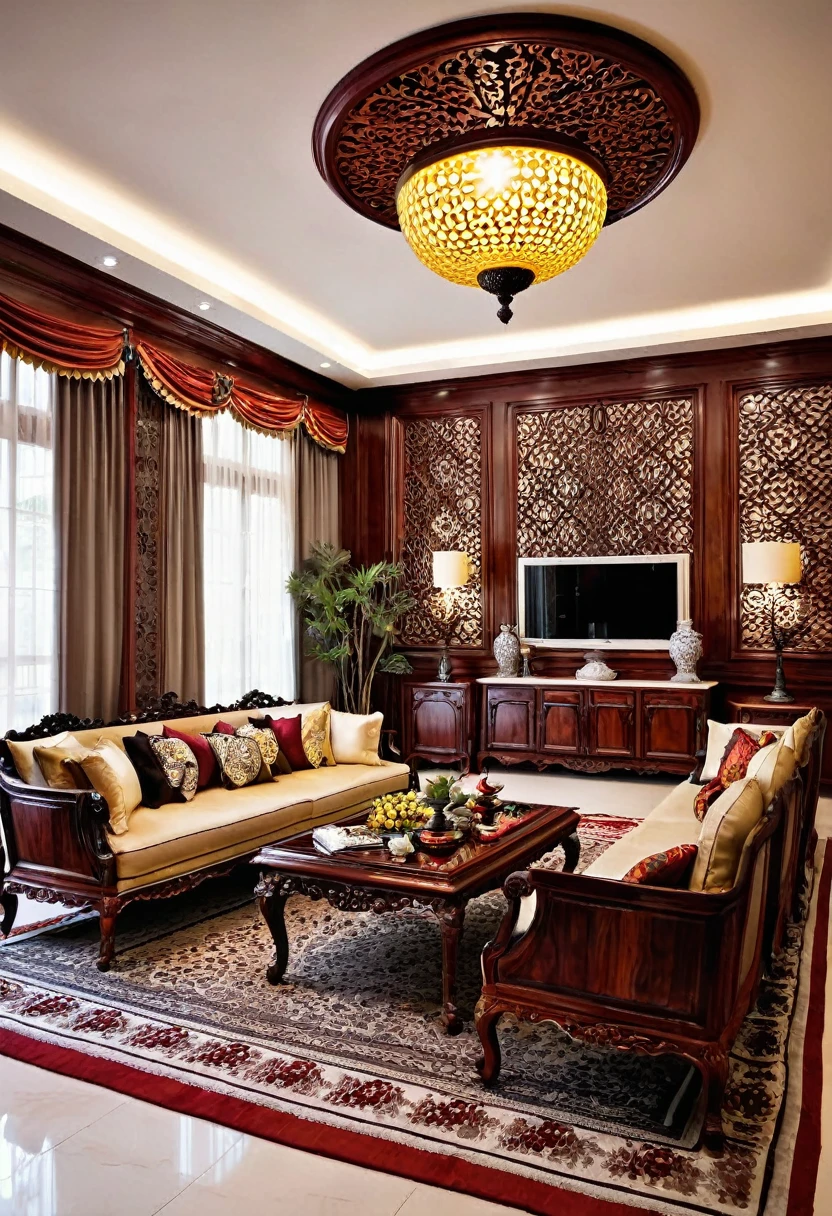 A beautiful living room made of rosewood decor design, intricate patterns,