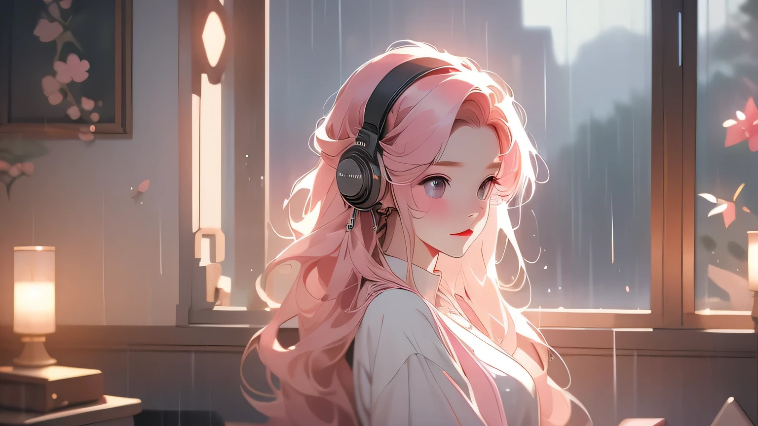 Rain sound and night view image: Rainy night、A scene of relaxing while looking out the window。 scenario: With the sound of rain and the visuals of the night view as the background、Soft lo-fi music plays。Perfect as background music to help you concentrate on studying or working。 [instrumental](masterpiece, Highest quality, Highest quality, Official Art, beautifully、aesthetic:1.2), (One girl), Very detailed,(Fractal Art:1.3),colorful,Most detailed pink hair、I have headphones on。
