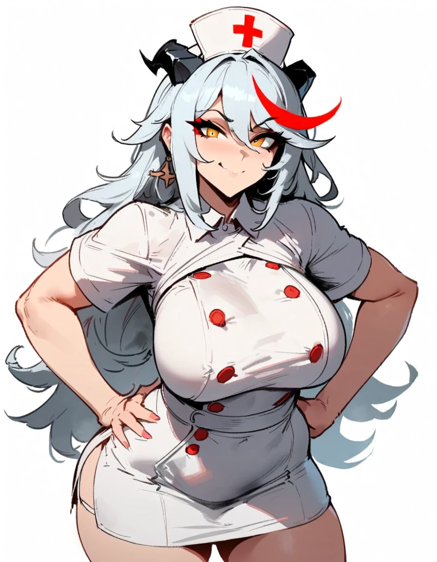 1girl, aegir \(azur lane\), azur lane \\\\\ masterpiece, best quality, very aesthetic, absurdres, newest \\\\\\ sportive body, \\\\\\ by nyantcha,,by cutesexyrobutts,by khyle ///// white hair with a single prominent red streak, black horns, yellow eyes, , white (nurse outfit:1.2), skirt, , white pencil skirt, nurse cap, , , a red cross on the cap, standing, (white background:1.2), rating general, horny smile, hands on hips