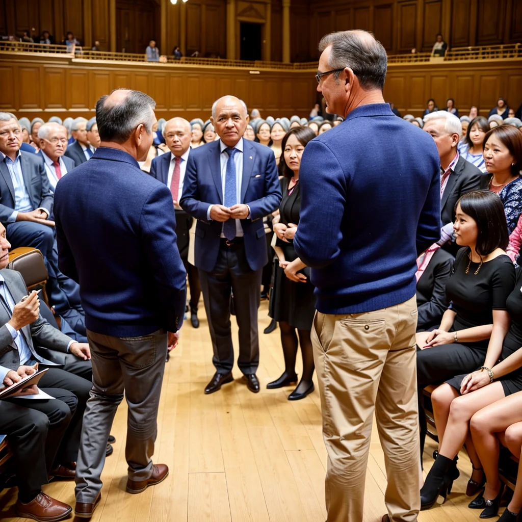 Back photo, There is only one middle-aged man in the photo with his back to the camera,He wears fashionable and young clothes,in the town hall, speak confidently,There are many audience members in the audience